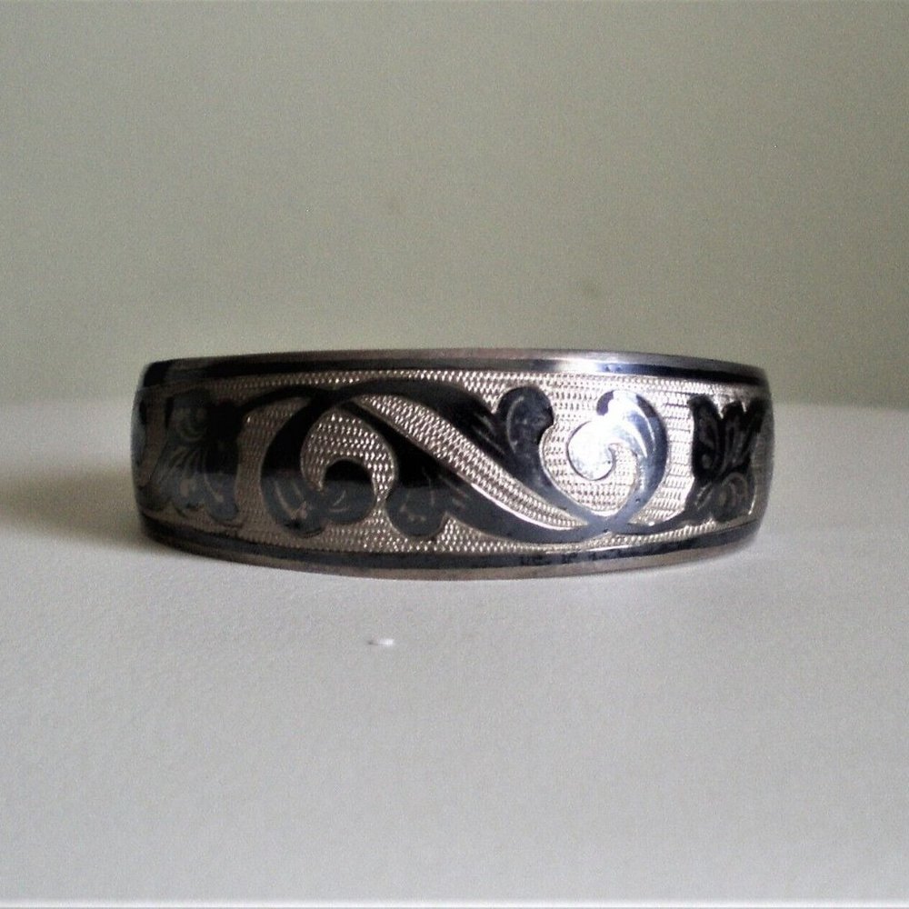 Vintage Russian Soviet USSR Solid Silver 875 Kubachi Niello Cuff Bracelet